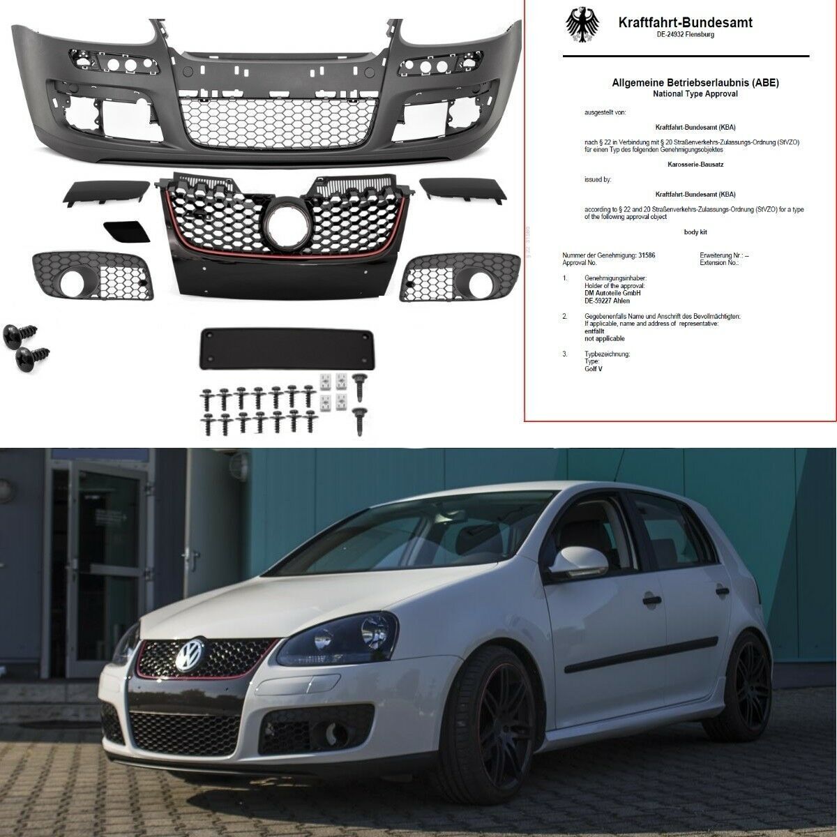 Front bumper + honeycomb grille for GTI + ABE + screws fits VW Golf 5