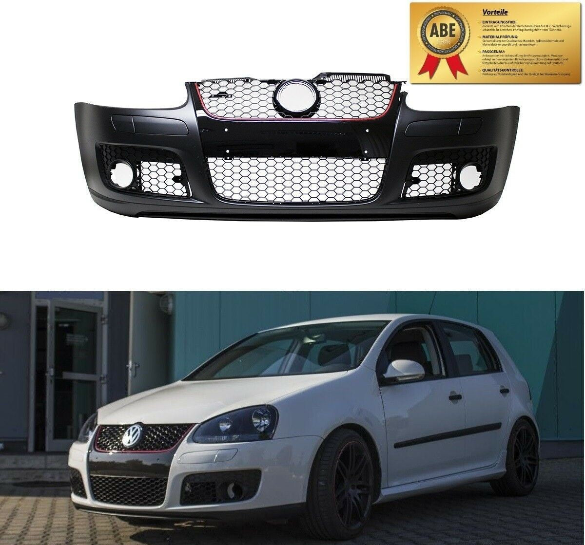 Front bumper + honeycomb grille for GTI + ABE + screws fits VW Golf 5